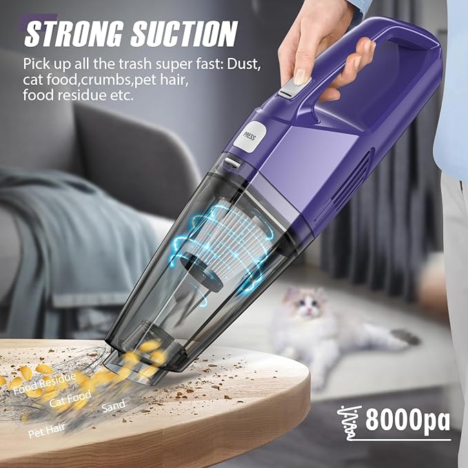 Bossdan Handheld Vacuum Cordless – Car Vac Portable with 8KPA & Multi Accessories & Low Noise, Lightweight Hand Held Vacuum Cordless Rechargeable for Car/Home/Dust/Pet Hair, Mine Portable Vacuum