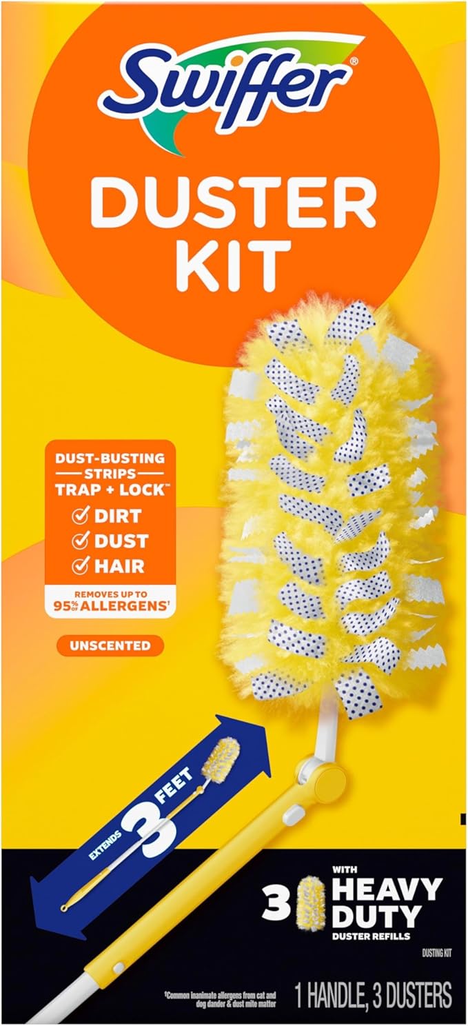 Swiffer Duster Kit with 3 ft Extendable Handle, Heavy Duty Dusting Starter Kit with 3 Refills, for Ceiling Fans, Vents and Hard to Reach Places
