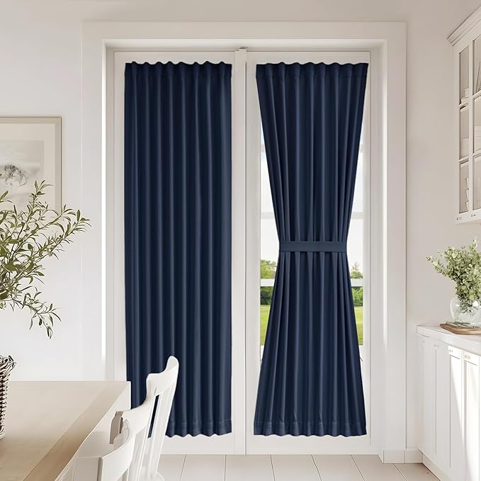 Vatge Dual Rod Pocket Dark Blue French Door Panel Curtains with Tieback - Door Curtain Panels for Patio Door, 1 Panel, W25 x L72, Navy