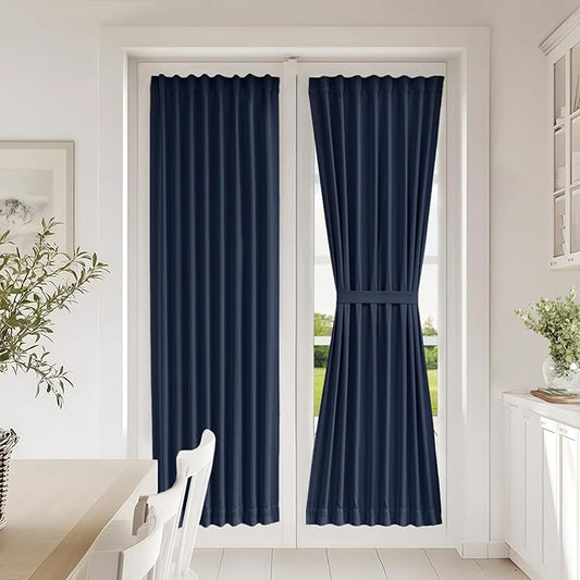 Vatge Dual Rod Pocket Dark Blue French Door Panel Curtains with Tieback - Door Curtain Panels for Patio Door, 1 Panel, W25 x L72, Navy