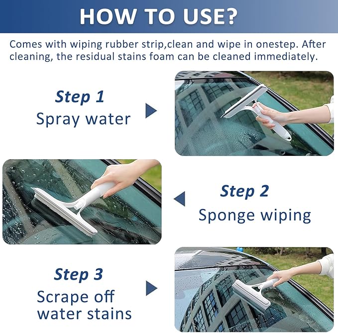2 Pack All-Purpose Shower Squeegee for Shower Glass Door, Shower Glass Cleaner Squeegee with Spray, Washer, Wiper, 3 Functions in 1, Perfect Household Cleaner Tool