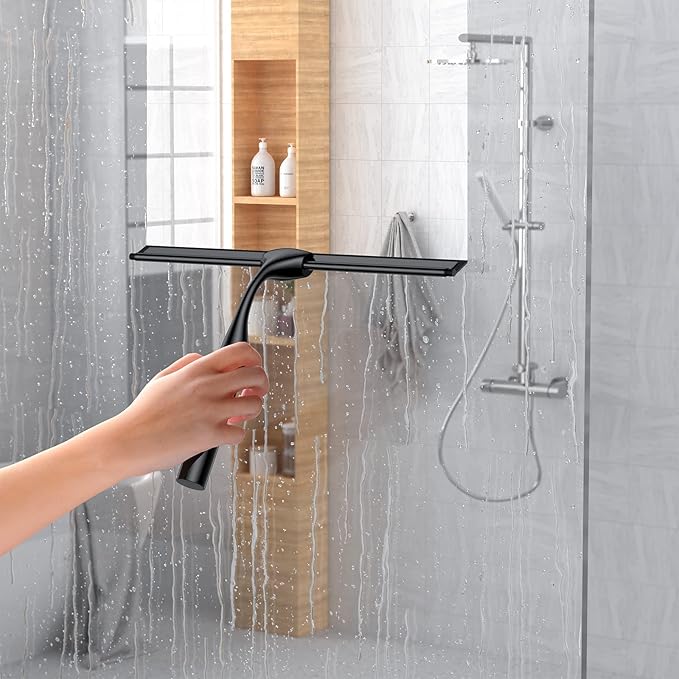 Shower Squeegee for Glass Doors, 10-Inch Stainless Steel Squeegee Bathroom Doors Mirror Car Windows with Matching Hooks Holder and Replacement Blade (Black)
