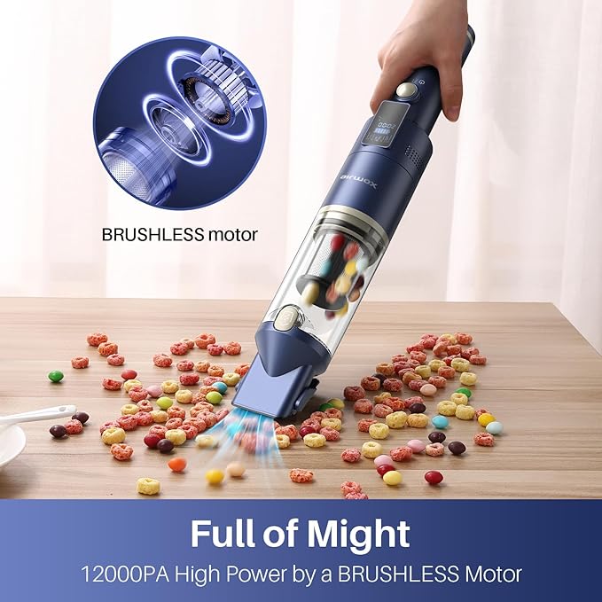 Cordless Handheld Vacuum, 12KPA High Power Hand held Vacuum with Brushless Motor and LED Screen, for Car and Home Cleaning