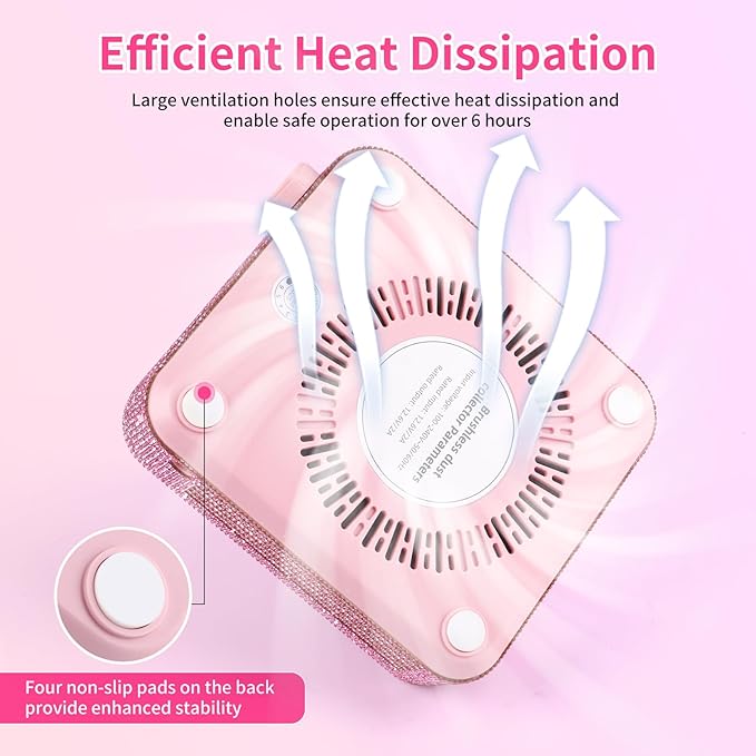 BQAN Nail Dust Collector Portable for Home & Salon - 4200RPM Vacuum with Reusable Filter, for Acrylic Drilling Dust Beginner Friendly Small Manicure Tool (Pink Rhinestones)