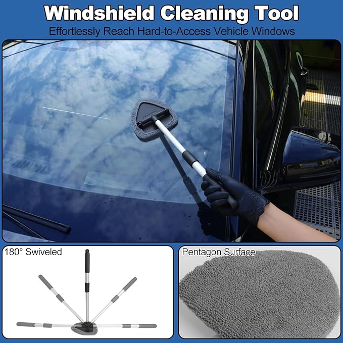 Windshield Cleaner Tool, 14Pcs Car Cleaning Kit - Car Interior Detailing Kit with Extendable Handle, Cleaning Gel & Microfiber Pads, All-in-One Inside Car Cleaning Supplies for Women Men