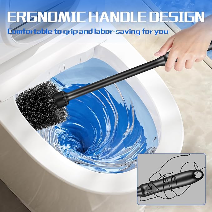 Toilet Brush and Holder 3 Pack with Long Handle - Non-Slip Grip Toilet Bowl Brush Set for Deep Cleaning Bathroom, Toilet Scrubber- Black