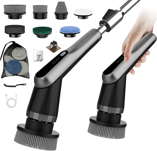 WKY-Electric Spin Scrubber - Upgraded 12-in-1 IPX7 Waterproof Shower Scrubber, Retractable Handle & 2-Speed for Toilet, Bathroom, Bathtub, Tile Floors