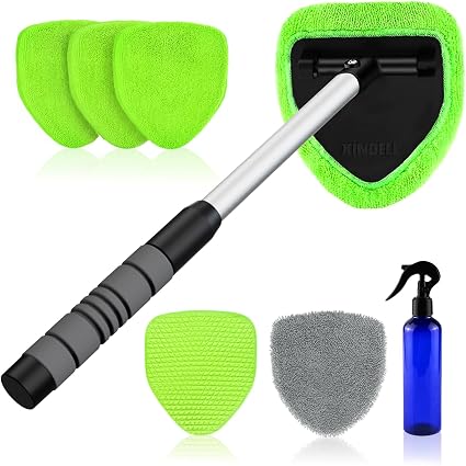 XINDELL Interior Windshield Cleaner Tool – Car Interior Window Cleaning Kit with Extendable Handle & 4 Microfiber Pads, 