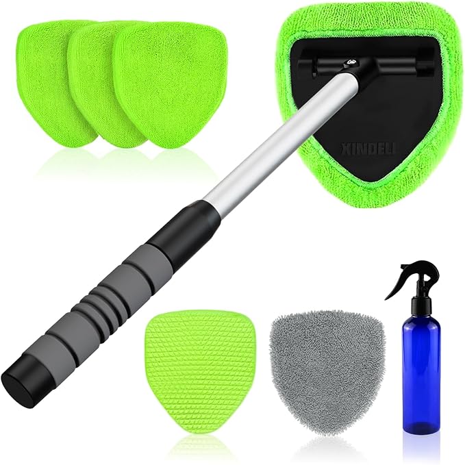 XINDELL Interior Windshield Cleaner Tool – Car Interior Window Cleaning Kit with Extendable Handle & 4 Microfiber Pads, 