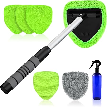 XINDELL Interior Windshield Cleaner Tool – Car Interior Window Cleaning Kit with Extendable Handle & 4 Microfiber Pads, 