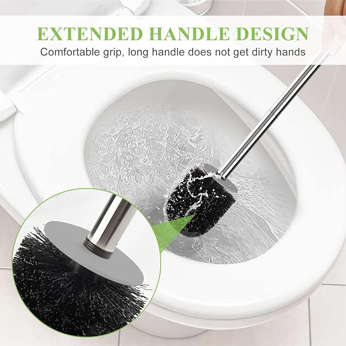 AONEZ Compact Toilet Brush & Holder, Stainless Steel Handle, Space Saving for Storage, Deep Cleaning, Drip-Proof, Easy to Assemble, Nylon Bristles, White & Grey