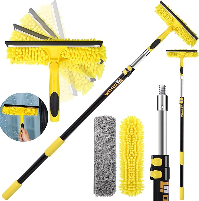 45'' Long Reach Window Squeegee with Telescoping Extension Pole, 2-in-1 Indoor/Outdoor Cleaning Tool with 270° Rotatable Head, Lightweight Alloy Aluminum Pole for Shower Door, Mirror, Car Windshield