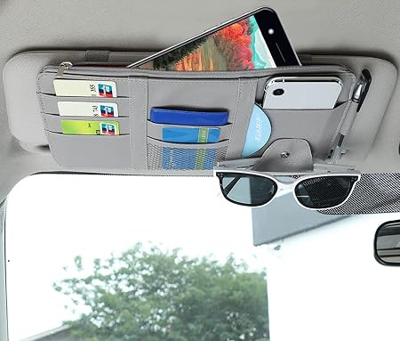 Car Sun Visor Organizer, Multifunctional Leather Sun Visor Organizer Sunglass Holder with Zipper for Car Interior Truck 