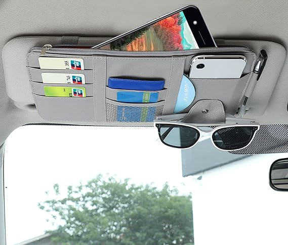 Car Sun Visor Organizer, Multifunctional Leather Sun Visor Organizer Sunglass Holder with Zipper for Car Interior Truck 