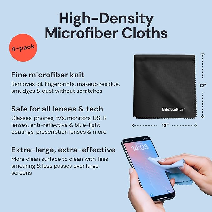 Elite Tech Gear Large Microfiber Cleaning Cloth (4-Pack) 12" x 12" - Glasses Cleaning Cloth for TV Screens, Camera Lenses and Tablets (Black)