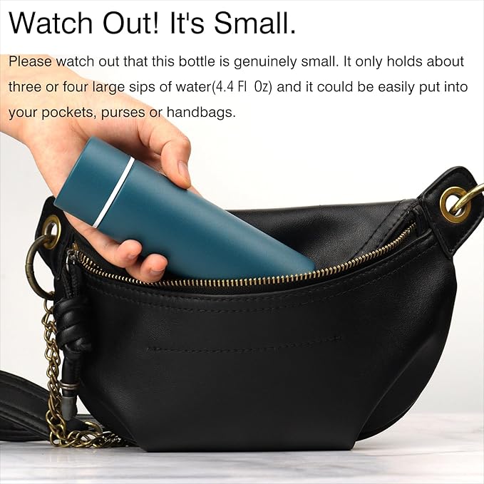 Cute Small Water Bottle, 4.4 Fl. Oz, Blue Powder Coated, Mini Slim Flask for Kids, Portable Skinny Purse Water Bottle, Vacuum Insulated Reusable Leak Proof Stainless Steel Cup
