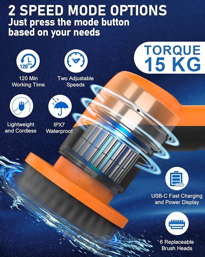 Electric Spin Scrubber for Bathroom - Cordless Brush Scrubber for Cleaning- IPX7 Shower Scrubber - 7 in 1 Electric Cleaning Brush & Retractable Handle - 2-Speed Adjustable Shower Cleaner for Bathroom