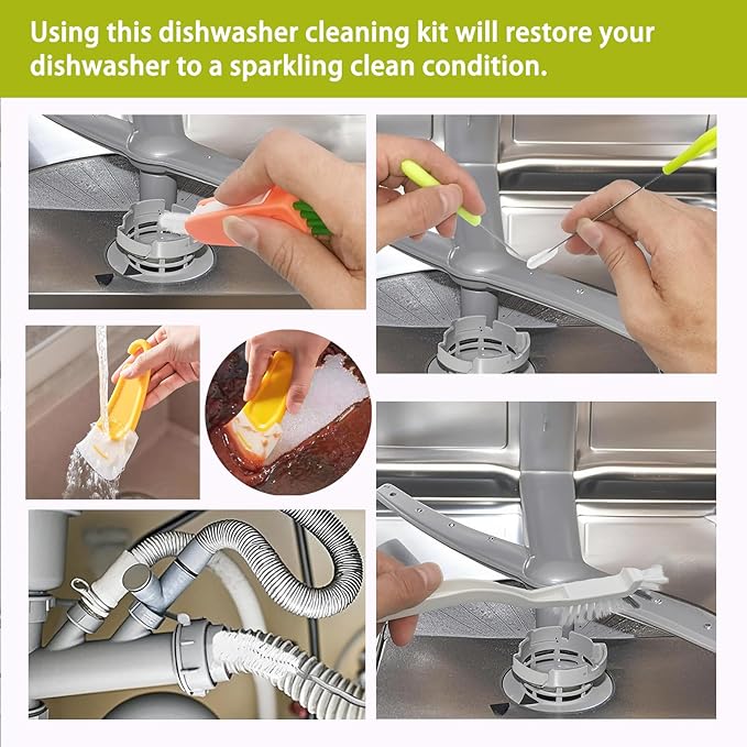 Dishwasher Cleaner Brush Kit - 6PCS Deep Cleaning Tools with Pick, Scraper, Straw Brush, Gap & Angle Brush, Flexible Tubes Brush for Spotless Dishwasher