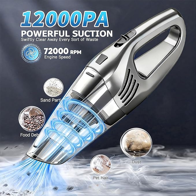 Car Vacuum Portable Cordless – 12000PA Strong Suction, Lightweight & Rechargeable – Includes Multi-Nozzle Attachments for Car, Home, Office, and Pet Hair – Compact & Powerful Grey Vacuum