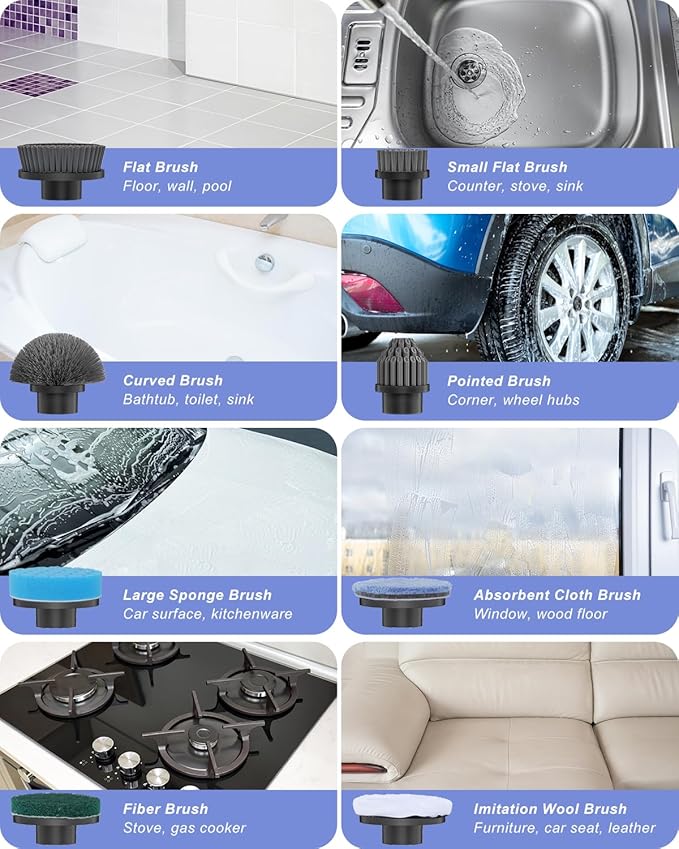 Electric Spin Scrubber, [IPX8 Waterproof ] [50KG Torque] Shower Scrubber with 9 Brush Heads, 2 Speed Mode, 4 Adjustable Angles, Electric Brush for Cleaning for Bathroom Floor Tile (Gray)