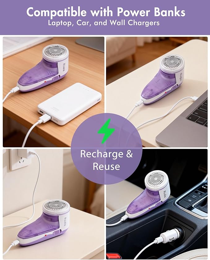 Ruidla Fabric Shaver Lint Shaver Defuzzer, Electric Lint Remover, Rechargeable Sweater Shaver with Replaceable Stainless Steel 3-Leaf Blades, Dual Protection, Removable Bin, (Micro-b Charging)