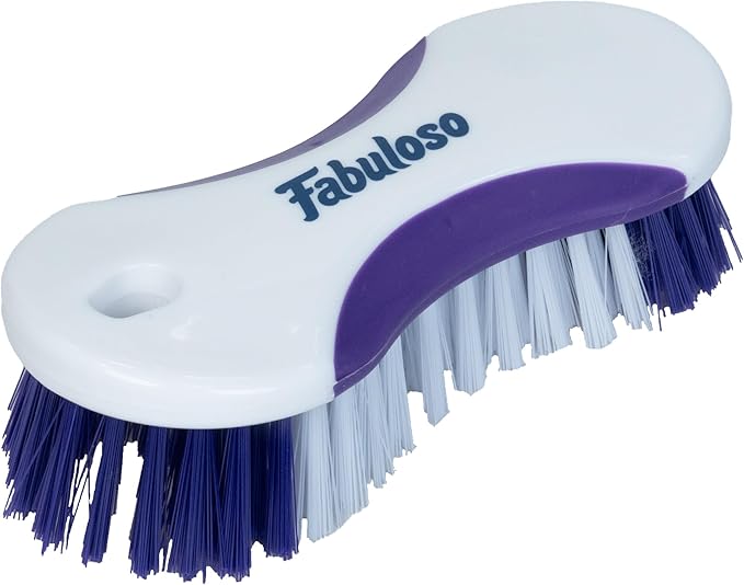 Fabuloso Cleaning Brush, Compact Hand Scrub Brush with Easy Grip Rubber Texture for Kitchen, Bathroom, Tile, Baseboards and Floors, Firm Bristles for Indoor Surface Cleaning, White & Purple, 6 Inch