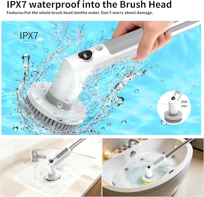 Electric Spin Scrubber, Cordless 20W High-Torque Cleaning Brush Bathroom Scrubber, IPX7 Waterproof Electric Scrubber with 6 Brush Heads, Extendable Long Handle Power Scrubber for Bathtub Floor