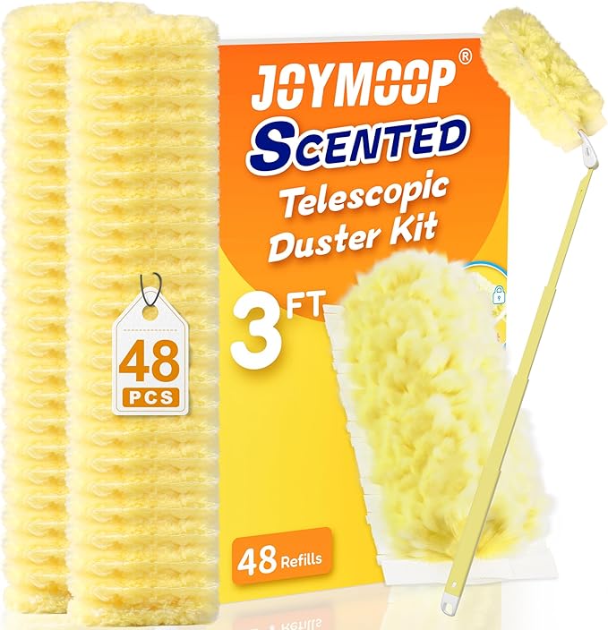 JOYMOOP Scented Telescopic Duster kit, 3FT Extendable Handle (Yellow) + 48 Yellow Refills for Swiffer Feather Duster,Easy Cleaning for Ceilings, Ceiling Fans, Blinds, Vents & Shelves