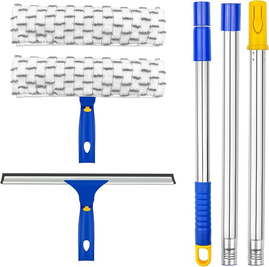 Window Squeegee with Extension Pole, Separate 12" Squeegee & 11" Microfiber Scrubber Heads, Window Cleaning Kit for Hard-to-Reach Windows, Shower Doors, Car Windshields, Indoor Outdoor-2 Pads