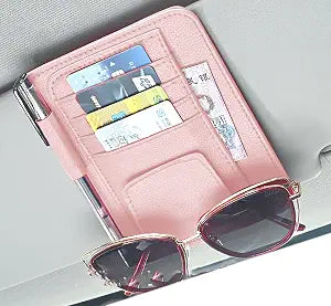 Card and Sunglass Holder for Car Visor, 6.1 in x 4.9 in Pink PU 7 Pockets Bag for Holding 5 Cards, 1 Pen and 1 Sunglass 