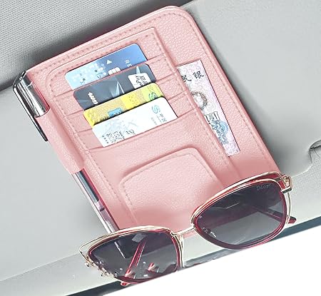 Card and Sunglass Holder for Car Visor, 6.1 in x 4.9 in Pink PU 7 Pockets Bag for Holding 5 Cards, 1 Pen and 1 Sunglass 