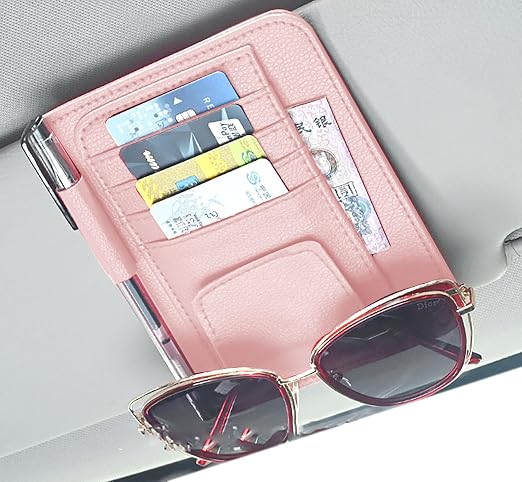 Card and Sunglass Holder for Car Visor, 6.1 in x 4.9 in Pink PU 7 Pockets Bag for Holding 5 Cards, 1 Pen and 1 Sunglass 