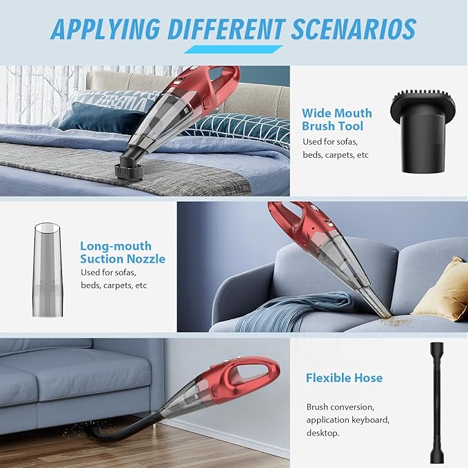 FUOAYOC Handheld Vacuum Cordless,Car Cordless Rechargeable, 6KPA Powerful Suction Hand Held Vacuum with LED Light/Multi Accessories, 1.6lbs Mini Portable Vacuum Cleaner for Home/Car/Office Cleaning