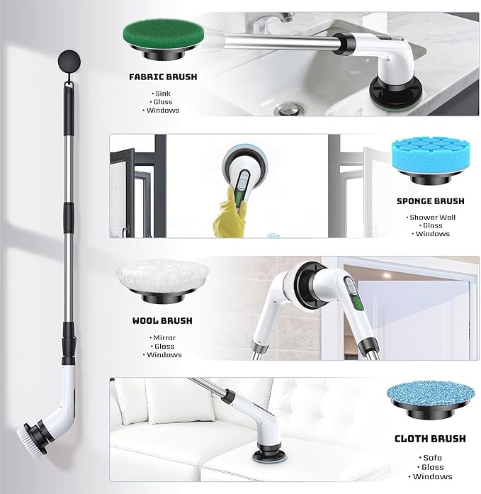 Highyes Electric Spin Scrubber, Powerful 2-Speed Cleaning Brush, IPX7 Waterproof with 7 Reusable Brush Heads & Extendable Handle, for Bathroom Toilet Shower Kitchen Wall Tile Floor Grout (White)
