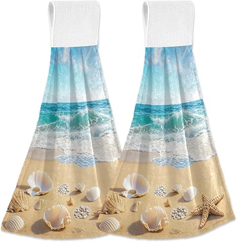 Sea Beach Shells Starfish Kitchen Hanging Towel 12 x 17 Inch Ocean Shore Saeshell Hand Tie Towels Set 2 Pcs Tea Bar Dish