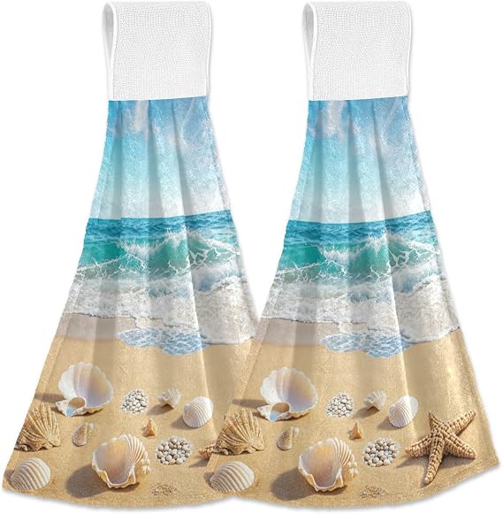 Sea Beach Shells Starfish Kitchen Hanging Towel 12 x 17 Inch Ocean Shore Saeshell Hand Tie Towels Set 2 Pcs Tea Bar Dish