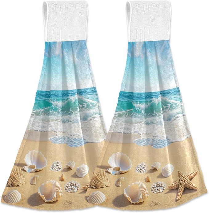 Sea Beach Shells Starfish Kitchen Hanging Towel 12 x 17 Inch Ocean Shore Saeshell Hand Tie Towels Set 2 Pcs Tea Bar Dish