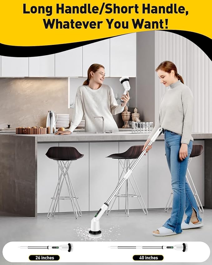 Electric Spin Scrubber,Cordless Shower Cleaning Brush IPX7 Waterproof with 3 Replaceable Brush Heads, Adjustable Extension Handle and Power Dual Speed,Power Scrubber for Bathroom Tub Tile Floor Car 5