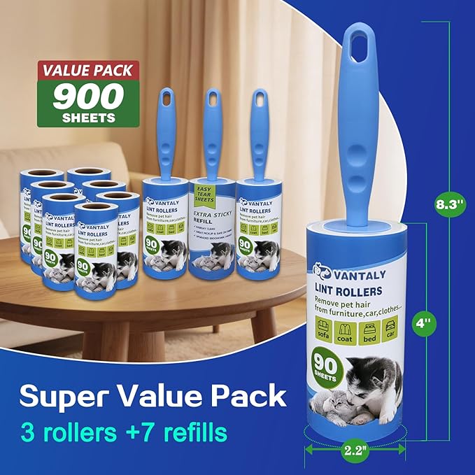 Extra Sticky Lint Roller Mega Value Set 900 Sheets for Pet Hair Removal and Clothes, Dog and Cat Lint Remover, 10 Pack