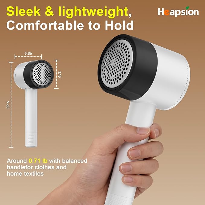 Heapsion Fabric Shaver Lint Remover, 10700 RPM Sweater Shaver with 6-Blade Head, Hidden Lint Roller, 3-Speed Fuzz Remover, LED Display, Type-C Rechargeable for Clothes & Furniture