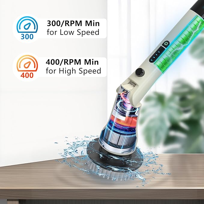 Electric Spin Scrubber, Hillyfe Bath Scrubber for Cleaning with 7 Replaceable Brush Heads, IPX7 Waterproof,300/400 RPM, 3 Adjustable Size,Cordless Shower Cleaner Brush for Bathroom Floor,Beige