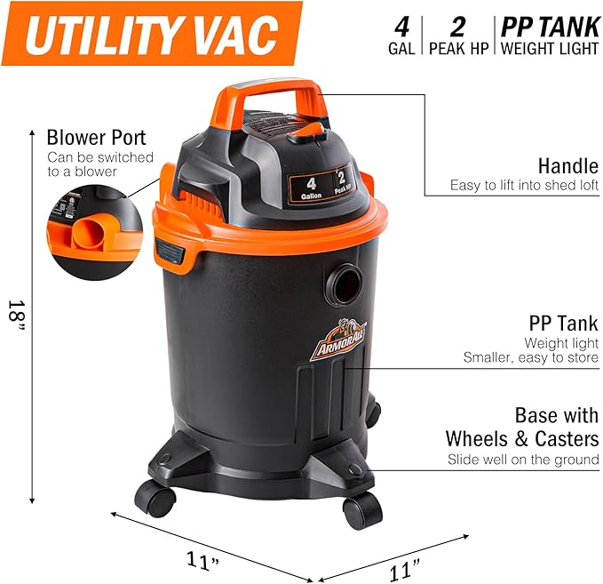 Armor All VO405P 0901 4 Gallon Wet/Dry Vac 2.0 Peak HP Shop Vacuum with Nozzles & Brush,Black/Orange