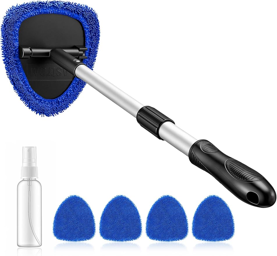 AstroAI 26" Windshield Cleaner Tool, Car Interior Window Detailing Cleaning Kit with Extendable Handle and 4 Easy-to-Install Reusable Microfiber Pads, Auto Glass Wiper Brush Kit for Car&Home, Blue