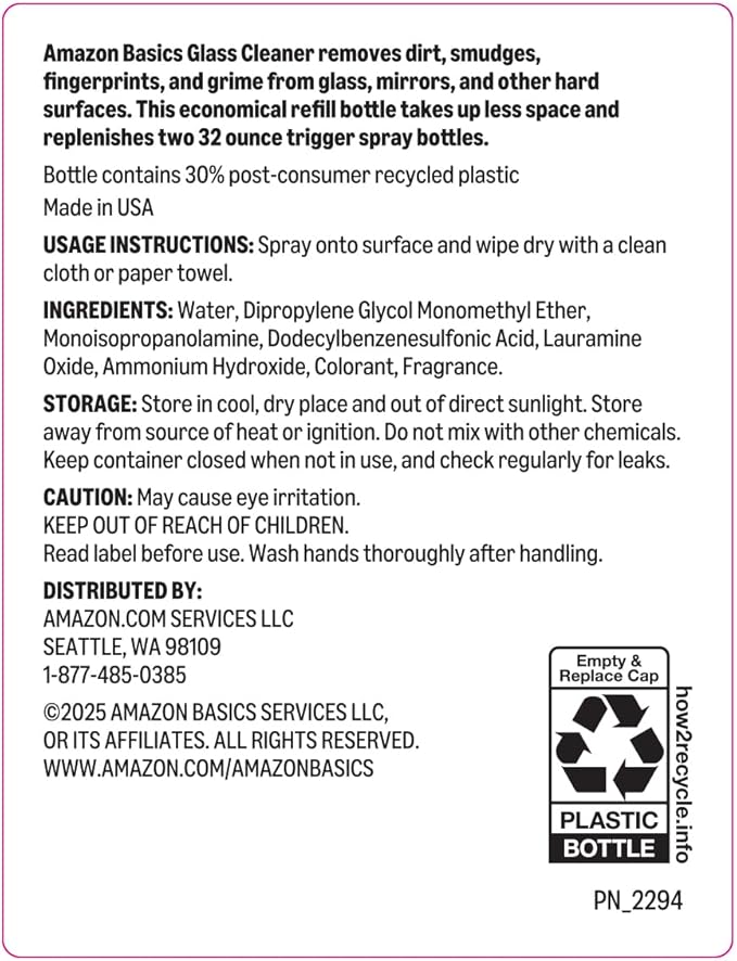 Amazon Basics Glass Cleaner Refill, Streak-Free, Cleans Windows and Mirrors with Sparkling Shine, Economical, 67.6 Fl Oz, 1-Pack