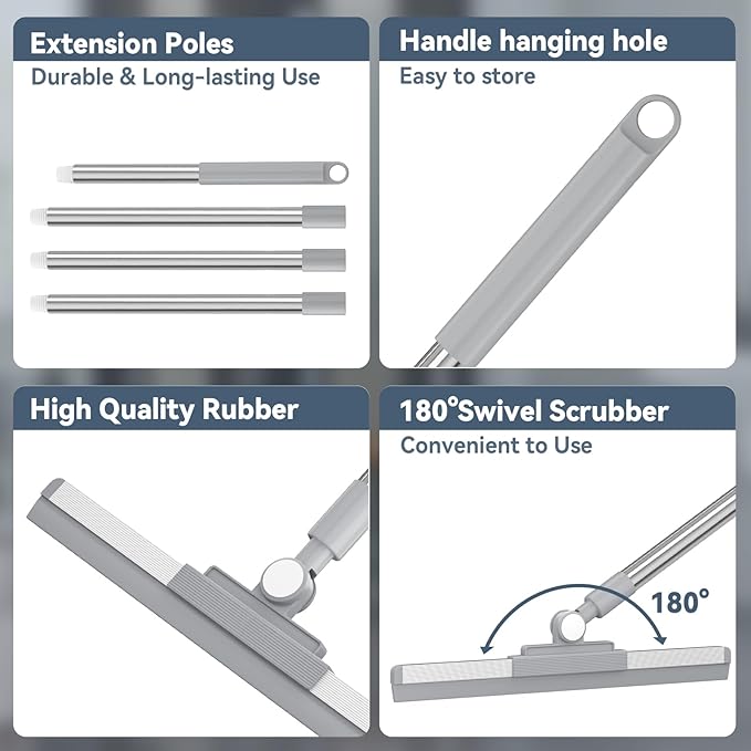 Floor Squeegee with 180° Rotating Head, Squeegee for Floor with 52'' Long Handle, Squeegee Broom, Squeegee for Window Cleaning, Bathroom Tile, Garage Concrete, Deck, Shower Glass (Silver)