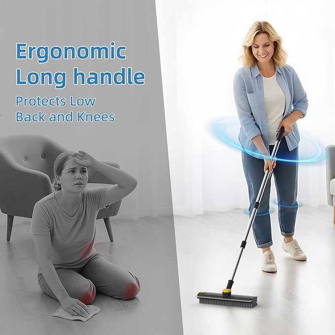 Scrub Brush with Long Handle, Floor Scrub Brush Squeegee Broom for Cleaning, 3 in 1 Shower Scrubber Floor Broom Squeegee for Concrete Tile Wall Deck Patio Special Black