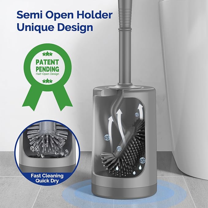 HAMITOR Toilet Bowl Brush Holder Set: Silicone Toilet Cleaner Brush with Curved Design Deep Cleaning Compact Hidden Scrubber for Bathroom Small Space - Modern Rv Toilet Decor Accessories - Gray