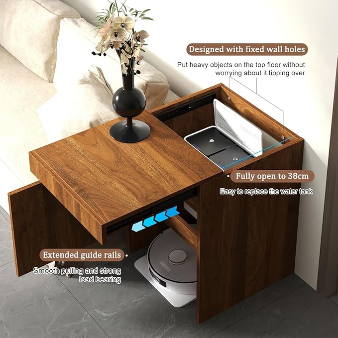 Robot Vacuum Stand Cabinet,Storage Cabinet with Doors for Robot Vacuum Cleaner,End Side Table for Home Office,Wood Freestanding Rack for Living Room Home Office Kitchen(White)