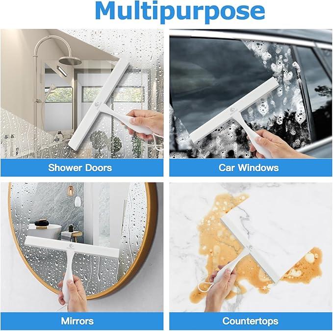 Shower Squeegee for Glass Doors, 11 Inch Ergonomics Anti-Rust Silicone Squeegee with Stainless Steel Frame for Shower Glass Door, Mirrors, Tiles and Windows Cleaning, White