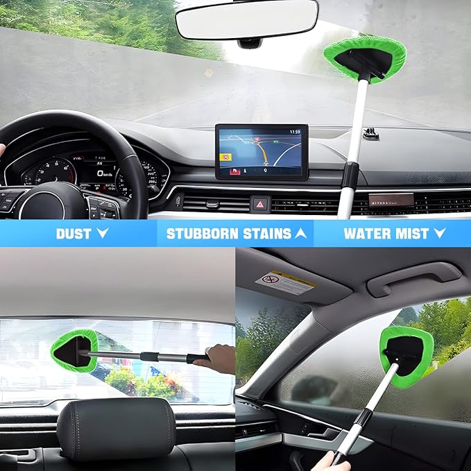 Windshield Cleaning Tool, Car Window Cleaner with Extendable Long Handle and 4 Washable Reusable Microfiber Pads, Auto Interior Exterior Glass Wiper Cleaning Kit Universal for Office and Home (Green)